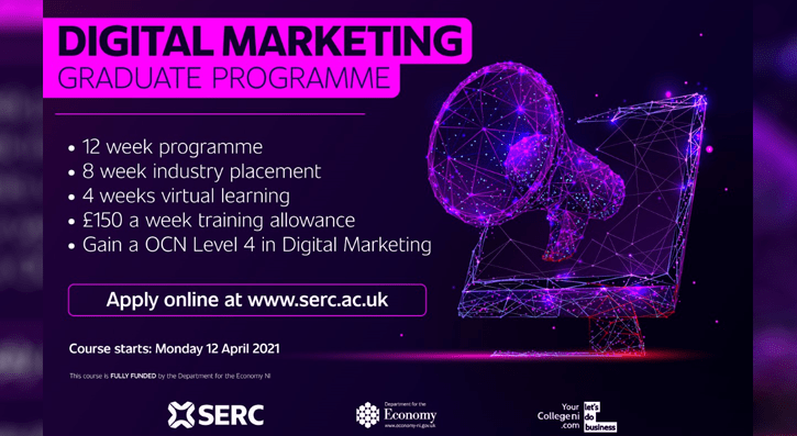 South Eastern Regional College (SERC) is recruiting participants for a fully funded intensive programme aimed at reskilling people who have been furloughed, made redundant or have had their employment opportunities affected by Covid-19.